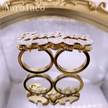 AurolaCo Personalizate, Sculptate Dublu Deget Numele Inel Inițial Numele de Ring Inele Personalizate 18K Placat cu Aur, Inele pentru Femei Cadouri