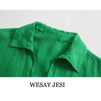 Bine ne luăm JESI Femei Tricou Za Femeie 2021 Solid de Culoare Verde Nasturi Maneca Lunga Bluze Office Guler de Turn-down Femei Top Chic