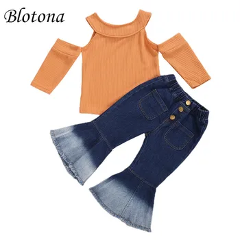 Blotona Copilul Fetita Off-umăr Maneca Lunga din Tricot de Sus+Denim Pantaloni Evazate Simplu Solid de Culoare de Îmbrăcăminte de Primăvară Set 2-8Y