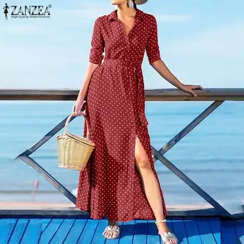 Boem Printed Maxi Dress Talie Inalta Femei Sundress ZANZEA 2021 Casual cu Buline de Plajă, tricouri Vestidos de sex Feminin Rever Halat 7