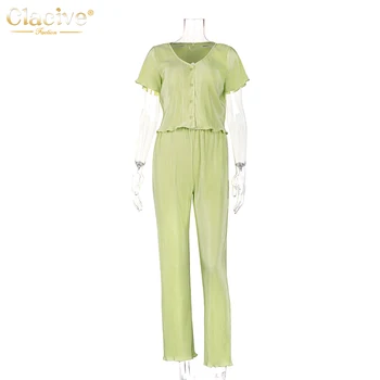 Clacive Vara Verde Casual Set De Două Piese De Moda Pentru Femei Camasa Cu Maneci Scurte Talie Mare Pantaloni Costume Elegante Set Femeie 2 Bucati