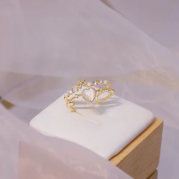 Coreeană de moda fierbinte bijuterii cupru rafinat zircon incrustate in forma de inima opal inel elegant strat dublu femei floare inel de zi cu zi