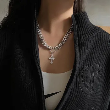 Cruce Colier Femeie Simplă Coliere Femei Stratificat Lanț Pandantiv Fete De Bijuterii De Argint De Culoare De Epocă Coreean Inoxidabil Collares