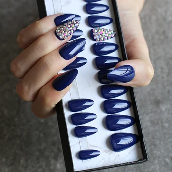 Cutie neagră strălucitoare nunta unghii false albastru UV lucios unghii false complet diamante de cristal lucrate Manual 28pcs set complet