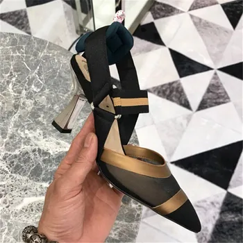 De Vară 2020 Plasă De Gladiator Benzi Sandale Femei Dungă Mozaic Elastic Strappy Pointy Toe Slingback Pantofi Cu Tocuri De Femeie