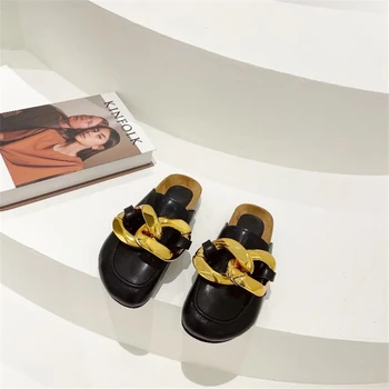 Design De Brand Femei Papuci De Moda Lanț De Aur Sandale Închis Toe Slip Pe Catâri Pantofi Rotund Toe Slide-Uri Casual Femei Flip Flops