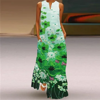 Doamnelor de Vara Rochie Lunga Sexy V-Neck fără Mâneci Imprimate 3D Rezervor Rochie Retro Floral Plus Dimensiunea Femei Vrac Rochii de Plajă Vestidos