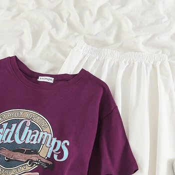 Dulce Stradă Set de Două Piese de Vară de Moda Fusta Set Femme Scrisori de Imprimare T-shirt + Talie Mare Maxi Fuste Set de Potrivire