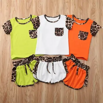 Emmababy Copil Copil Copil Fata Maneci Scurte Leopard Topuri Tricou Mozaic Bowknot Pantaloni scurți Costum de Haine Set 2 BUC