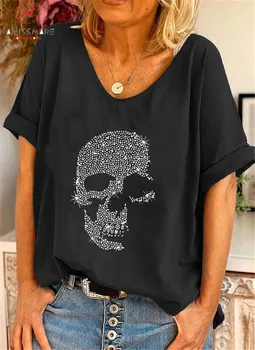 Femei de moda de Vară Cranii de Imprimare T-Shirt Design Mozaic V-Neck Maneca Scurta Casual, Pulovere Largi de Sus pentru Streetwear