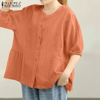 Femei pe mâneci Bluze ZANZEA 2021 Epocă Solid Topuri de Vara Casual Blusas O Femeie Gat Buton Tunica Supradimensionat Combinezon de Sus