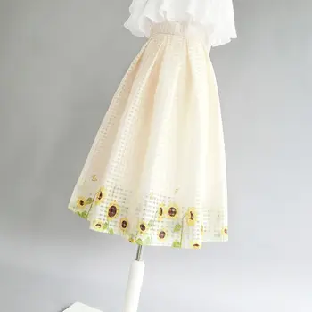 Femei Vara Carouri Floarea-Soarelui Florale Două Straturi De Primăvară Imprimate Casual Elegant Elastic Talie Mare Swing-Line Fuste Lungi Faldas