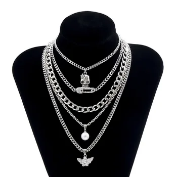 Fierbinte de vânzare de bijuterii cu exagerat punk, hip-hop stras multi-strat colier pin craniu colier pentru femei