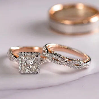 Fierbinte de vânzare din trei piese, inel de aur a crescut de culoare de separare zircon spumante vin de nunta inel Damele de lux, logodna bijuterii