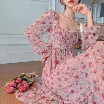 Franceză Retro Rose Floral Rochii Femei Elegante Diamante Pătrat Guler Talie Mare Cottagecore Rochie De Vara Dulce Rochie Cu Maneci Lungi