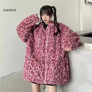 Harajuku Calde De Iarnă Pentru Femei Pink Leopard Imprimate Strat De Streetwear Fete Catifea Lână Vrac Se Ingroase Feminin Uza Haina
