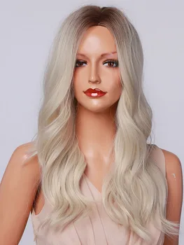 HENRY MARGU Lung Ondulat Blond Platinum Ombre Sintetice Peruci Naturale Cosplay Peruca de Păr pentru Femei, Partea de Mijloc Rezistente la Căldură Peruci