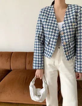 Houndstooth Haina Femei Full Sleeve V-neck Sacou la un Singur rând coreean Primavara Toamna de Epocă Doamnelor Elegante Bluze Haina 2021