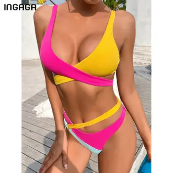 INGAGA 2021 Bikini Costume de baie Femei Costume de baie Mozaic Cruce Bandaj Biquini Taie Costume de Baie Sexy Ridicat Piciorul Set de Bikini
