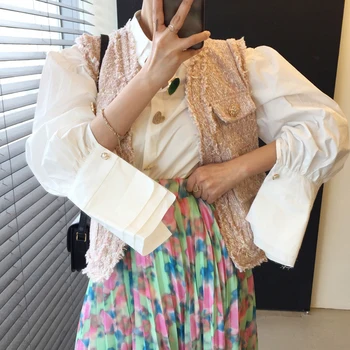 Korejpaa Femei Vesta De Vară 2021 Coreean Chic Doamnelor De Epocă Elegant V-Neck Franjuri Laterale Liber Single-Breasted Tweed Jachete Vesta