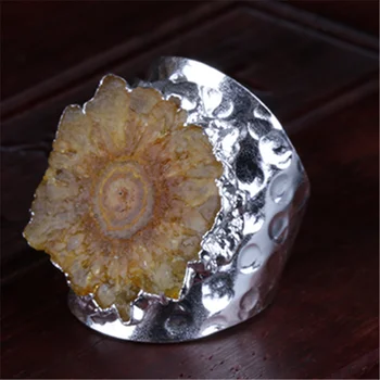 Lustruit galben geode piatra de cristal felie farmecul șirag de mărgele de metal deschis larg folie cu ciocanul redimensionabilă inel cuff pentru femei