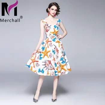 Merchall 2021 Femei De Moda De Vara Pista De Partid O-Linie Rochie De Maneca Capac Curea Print Floral Elegant Slim Doamnelor Rochie Midi M61367