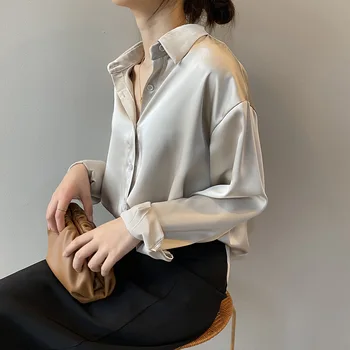 Moda Butonul De Sus Din Satin Cămașă De Mătase Bluze Vintage De Toamna Bluza Femei White Lady Mâneci Lungi Femei Vrac Strada Tricouri Feminina