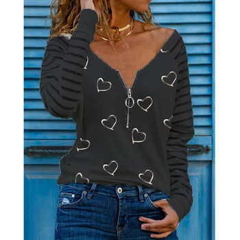 Moda Decor Femei de Vară Inima de Imprimare T-Shirt Pentru Streetwear Fermoar V-Neck Maneca Scurta Casual, Pulovere Largi de Sus 3XL G2534