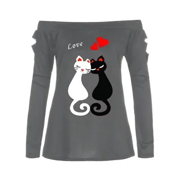 Moda Dragoste Pisică Print Bluza Tricou Umăr Rece Topuri Tricou Casual De Vara Doamnelor Topuri Femei Maneca Lunga Pulover Blusas
