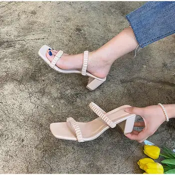 Moda Tobogane de Deget de la picior Pătrat Mijlocul Tocuri Femei Papuci din Piele PU Bandă Îngustă Doamnelor Sandale Exterior Femeie Încălțăminte de Vară 2021 Noi
