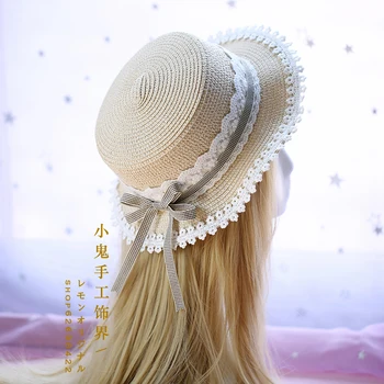 Mori pastorală moale fata de lolita de zi cu zi dantelă dantelă carouri pălărie de paie dulce Japonezi rochie, palarie
