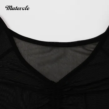Mutevole Vedea Prin Negru Mesh Set de Două Piese Femeile Sexy Transparent Petrecere Tinuta Bandaj Maneca Lunga Crop Top și pantaloni Scurți Set