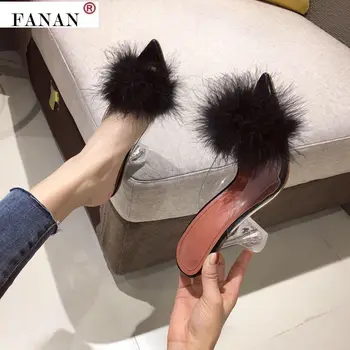 Noile Pompe de Vară pentru Femei Pantofi Sandale din PVC Transparent Pene de Cristal Tocuri inalte Blana Subliniat Toe Catâri Slide-uri cu Blană Papuci