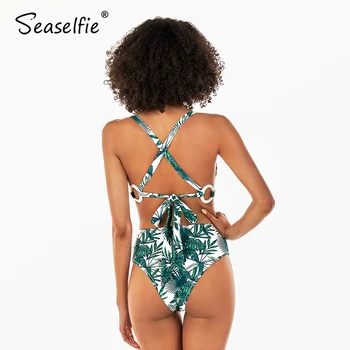 SEASELFIE Tropicala cu Frunze de O-Ring Talie Mare Bikini Seturi de Femei Sexy Lace Up Rezervor Două Piese de Costume de baie 2021 Costum de baie, Costume de baie