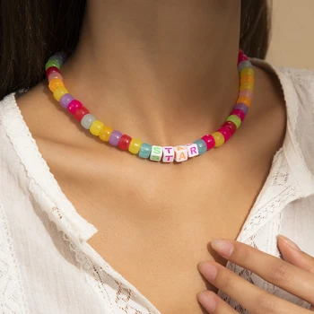 SHIXIN Boho Bomboane Colorate Margele de Culoare Cravată Colier pentru Femei de Vară Curcubeu Scrisoare Coliere 2021 Moda Neck Bijuterii Cadouri