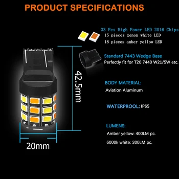 Switchback 7443 7444 T20 W21/5W Dual-Culoare Alb/Ambră 33-SMD Becuri cu LED-uri Pentru Conducere/Parcare DRL Lumina Lumina de Semnalizare Față