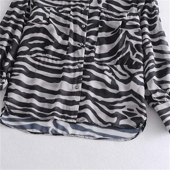 TRAF Femei Supradimensionat Animal Print Zebra Bluza Șifon Transparent Vedea Prin simpla Moda de Top Sexy Cămașă de Streetwear