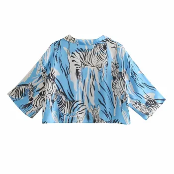 TRAF Za 2021 Albastru Tricou Femei Culturilor Sus Feminin Scurt, Bluze cu Maneca Femeie de Vara Tricou cu Guler Buton-Up Bluza Bluze Elegante