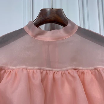 TWOTWINSTYLE Roz Mozaic Zburli Tricou Pentru Femei Stand de Guler Maneca Scurta Bluza Eleganta de Moda de sex Feminin Haine Noi 2021