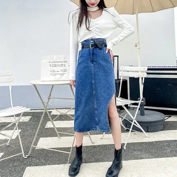 Vara Nou Elegant Talie Mare Vintage Denim Fusta Office Lady Buzunare Split Coreea Style Moda Femei Casual Fusta A-Line