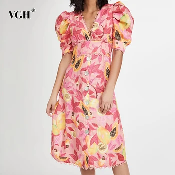 VGH Lovit Casual, de Culoare de Imprimare Rochie Pentru Femei V-Gât Puff Maneca Scurta, Talie Mare Vintage Rochii Midi de sex Feminin coreeană de Moda de Vara