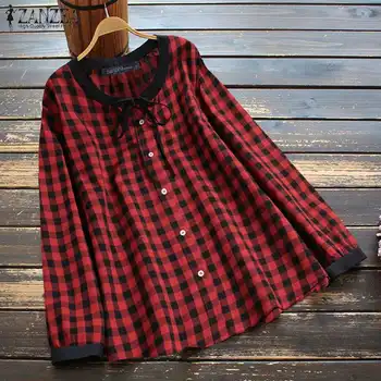 ZANZEA Femei Carouri Verifica Imprimate Bluza cu Maneci Lungi de Vara Tricouri Vintage de Primăvară Butoane Topuri Largi Tunica Casual Blusas Combinezon
