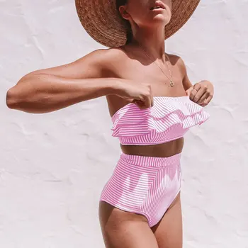 2019 Sexy Femei cu Dungi Ciufulit Talie Mare de costume de Baie de Pe Umăr Bikini Costume de baie Bikini set costum de Baie Monokini Biquini