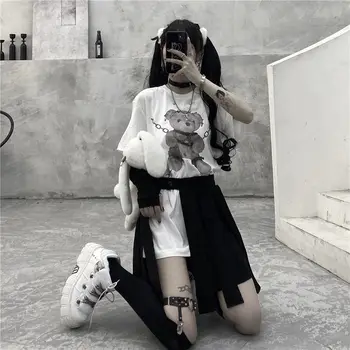 2021 femeie negru gotic urs anime imprimare tricouri alb cu maneci scurte coreean harajuku epocă kawaii y2k supradimensionat topuri de sex feminin