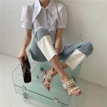 2021 Nou PVC Transparent Curea Perla Decor Papuci de Vara sandale de Cristal Clar Tocuri inalte Femei Pantofi Sandale