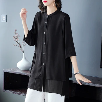 2021 Vara Vrac Solid 4XL Plus Dimensiune Topuri Lungi Tricouri Primăvara Vintage Casual Negru Șifon Bluze Femei Elegante Bodycon Tricouri