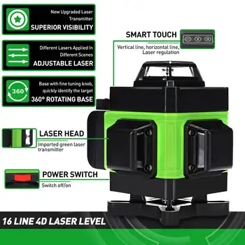 4D 16 Linii Laser Verde Niveluri 360 Orizontale și Verticale, Linii Încrucișate Auto-Nivelare super puternice Instrumente cu Laser cu Trepied UE