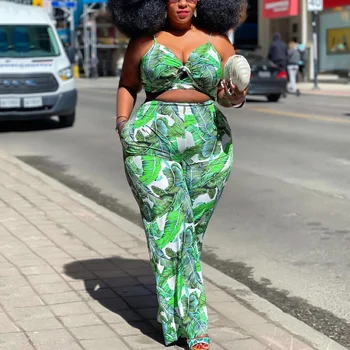 4XL Plus Dimensiune 2 Bucati Seturi Africane Femei Verde Imprimate Topuri de Cultură Pantaloni cu Talie Înaltă Bodycon Moda rochii Elegante Set de Potrivire