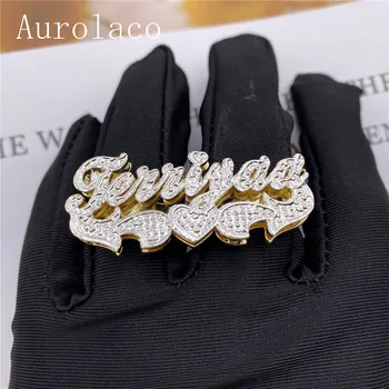 AurolaCo Personalizate, Sculptate Dublu Deget Numele Inel Inițial Numele de Ring Inele Personalizate 18K Placat cu Aur, Inele pentru Femei Cadouri