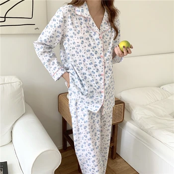 Bumbac pentru femei set de pijama cu maneca lunga tricouri pantaloni pijamas liber casual acasă costum print floral pijamale 2 piese set Y308